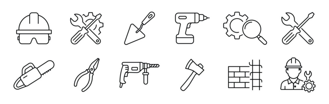 Construction repair icon set. handyman icons, Mechanic tools and symbols including wrench, gear, and male mechanic outline icon, vector illustration . 