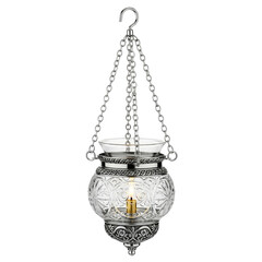 Hanging sanctuary oil lamp with ornate chains, decorative glass body, and visible flame, isolated on transparent background.