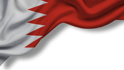 A Bahrainian flag is shown with red and white colors. The design features several triangular shapes along one edge. The flag appears to be flowing