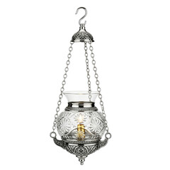 Hanging sanctuary oil lamp with ornate chains, decorative glass body, and visible flame, isolated on transparent background.