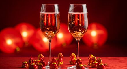 Two glasses with sparkling beverage and gold pieces on red surface, with small horse figures, symbolizing celebration, prosperity, and New Year tradition