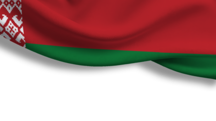 The flag of Belarus shows red and green colors with a white pattern on the left side. This flag represents national identity and heritage. The flag may be displayed on various occasions.