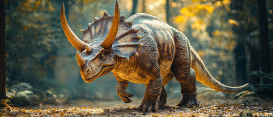 In the depths of the forest, the fearsome triceratops evokes ancient times, creating a captivating backdrop for educational materials about prehistoric life.