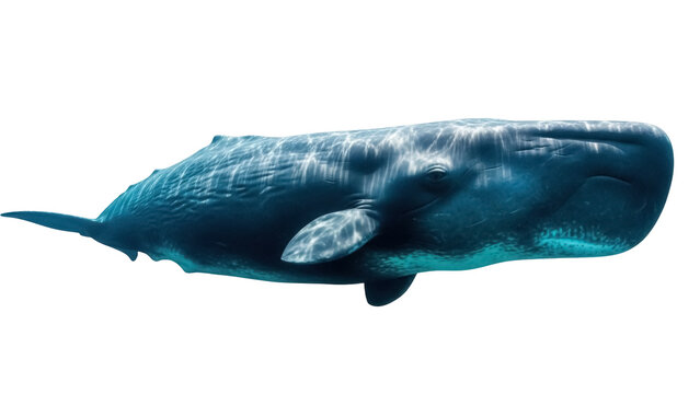 Isolated Sperm Whale Swimming majestically deep under the sea in ocean, close up, wildlife animal