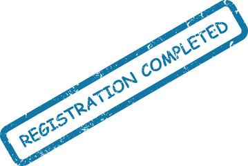 A vivid blue rectangular stamp impression reads REGISTRATION COMPLETED with a grunge texture on a white backdrop