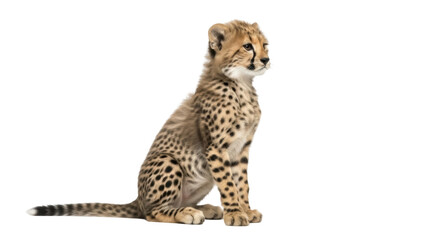 Isolated cheetah cub sitting up and looking to the right, beautiful baby animal image © Fernando