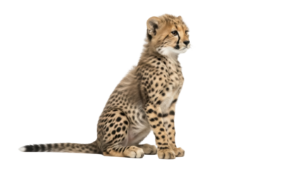 Isolated cheetah cub sitting up and looking to the right, beautiful baby animal image