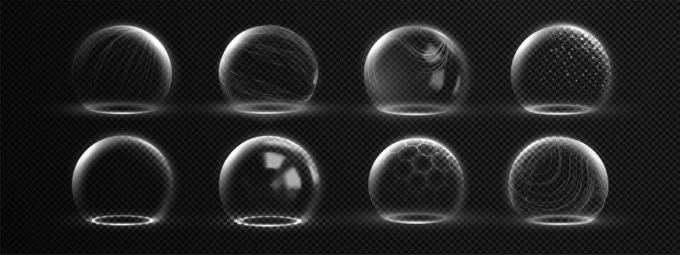 Protective shield dome set with 3D glass sphere effect and transparent barrier. Blue futuristic hexagon energy field for cyber security technology. Realistic wireframe design with holographic mesh.