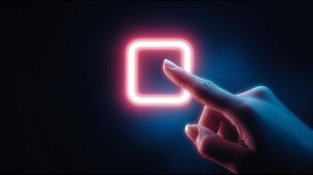 Hand Finger Neon Square Glowing Touch Technology Futuristic Digital Interface with Extended Finger Touching Glowing Neon Square Creating Modern Innovation Digital Interaction Design Blue Pink Light