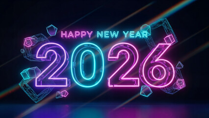 Happy new year 2026 vibrant neon glowing text with futuristic geometric elements