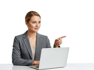 Businesswoman pointing at laptop screen isolated on transparent background