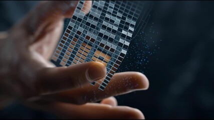 Futuristic hand holding digital cube technology innovation, artificial intelligence data visualization, modern science abstract concept, creative design, virtual grid network, hologram interactive - Powered by Adobe