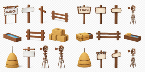 Set of cartoon farm elements including wooden signs, fences, hay bales, and windmills. © Heri