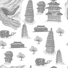 China architecture historical buildings Great Wall of China pagoda monuments culture traditions hand drawn sketch doodle