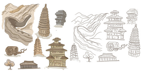 China architecture historical buildings Great Wall of China pagoda monuments culture traditions hand drawn sketch doodle