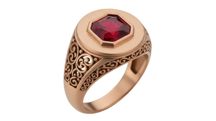 Isolated gold signet ring with red ruby gemstone, vintage style men's jewelry item