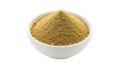 Isolated bowl of curry powder is shown against a simple background and looks ready to use