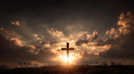A striking silhouette of a wooden cross against a dramatic sunset, symbolizing faith and hope