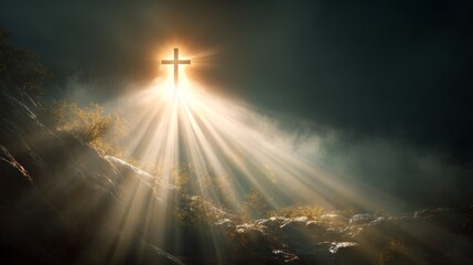 A radiant cross shines brightly against a dramatic sky, symbolizing faith and hope. Rays of light stream out, adding to the heavenly feel