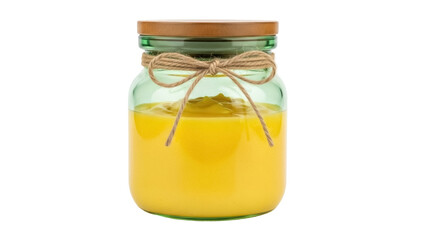 Isolated jar of yellow substance, tied with string, topped with a wooden lid, viewed straight-on
