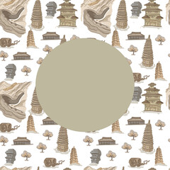 China architecture historical buildings Great Wall of China pagoda monuments culture traditions hand drawn sketch doodle