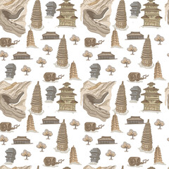 China architecture historical buildings Great Wall of China pagoda monuments culture traditions hand drawn sketch doodle