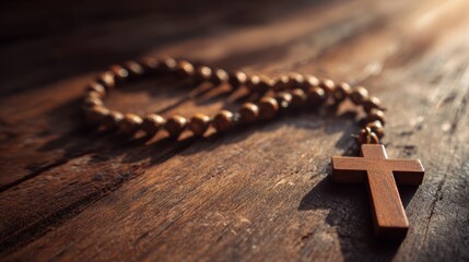 Rosary with a cross on a wooden table, symbolizes the Christian faith, spirituality