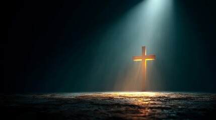 A radiant wooden cross illuminated by a heavenly light beam, casting a sense of hope and spirituality