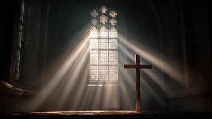 Light shining through stained glass window illuminates the cross in a dark church. The scene creates a sense of peace and spirituality