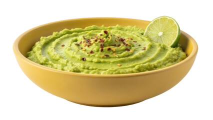 Isolated bowl of delicious avocado spread ready to eat appetizer with chili pepper flakes