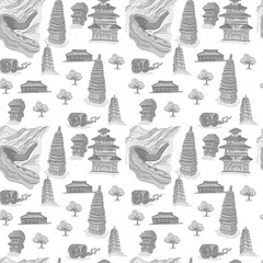 China architecture historical buildings Great Wall of China pagoda monuments culture traditions hand drawn sketch doodle