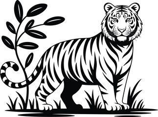 Tiger silhouette vector, black and white wildlife illustration, jungle animal design, bold stripe pattern, nature icon, majestic predator concept