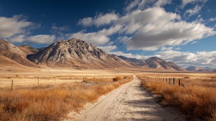 A scenic mountain landscape with a road leading into the distance. The vast landscape shows dry grass with a road going to the mountains, under a cloudy sky.