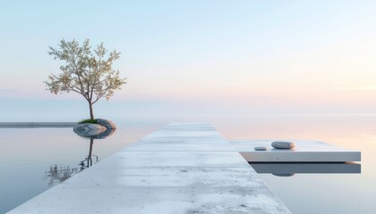 Fototapeta premium Serene Tree on Island in Infinity Pool at Sunset.