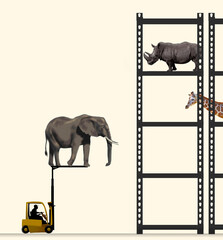 A zookeeper puts an elephant  into storage in a humorous illustration about zookeeping and zoo managment. This is a 3-d illustration.