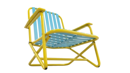 Isolated blue and yellow metal frame folding beach chair, relaxed summer seating, no people