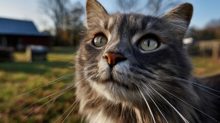 A close-up portrait of a domestic cat looking towards the sunlight in the green grass