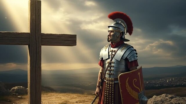Roman soldier guards the wooden cross, symbolizing dramatic biblical narrative.