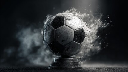 A dynamic close-up shot of a soccer ball surrounded by a cloud of smoke, emphasizing the sport's powerful and intense nature