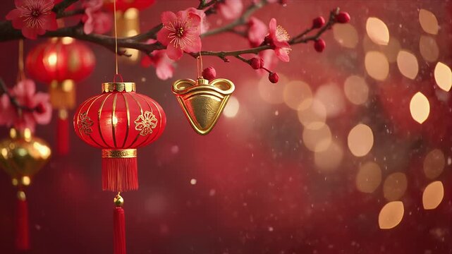 Elegant red background with blooming pink cherry blossoms and traditional hanging lanterns adorned with golden scrollwork and soft bokeh effects
