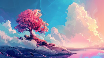 A serene landscape with a vibrant pink-leafed tree by the lake under a cloudy sky