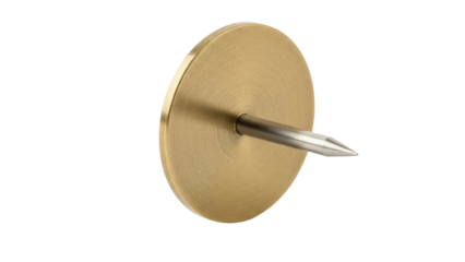 Isolated push pin with golden round top and silver needle for board posting on corkboard