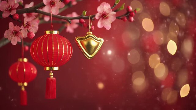 Elegant traditional Asian background with blooming pink cherry blossoms festive red lanterns and a decorative fan
