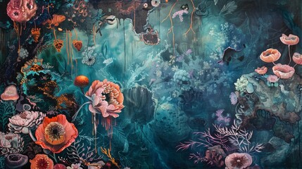 A dreamlike artistic floral landscape, with a surreal aesthetic