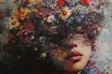 A portrait of a woman with vibrant floral crown, the embodiment of natural beauty and femininity