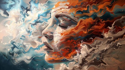 A serene artistic rendition of a human face amidst swirling colors, evoking a sense of introspection and emotion. The artwork displays the side profile of a face, eyes closed.