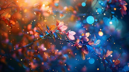 The delicate beauty of blossoming branch, illuminated by a warm, ethereal glow. The branch is adorned with soft pink petals and lush leaves. The scene evokes a sense of peace and joy 