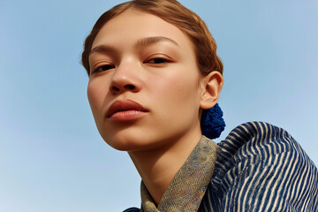 Young woman in stylish blue attire against sky