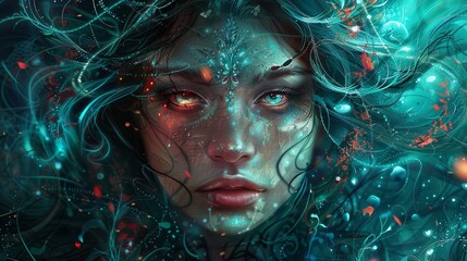 A captivating fantasy image of a woman with long flowing hair, surrounded by ethereal lights and water effects. Her gaze draws you in.