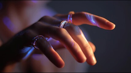 Delicate hand with glowing rings and elegant jewelry, soft blue and purple light reflecting on smooth skin, close up of fingers in futuristic, artistic, luxurious atmosphere